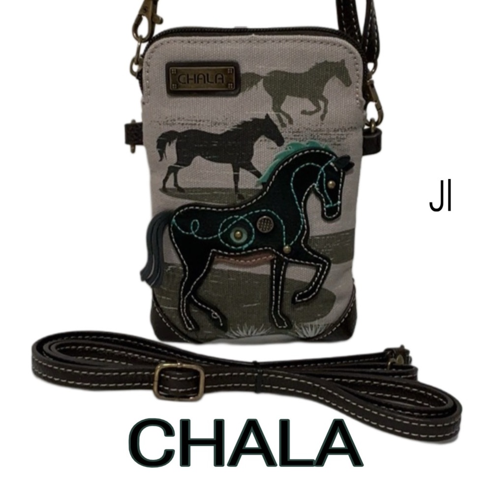 CHALA Horse Gray Canvas Cellphone Convertible Crossbody Bag with Two Straps NWOT